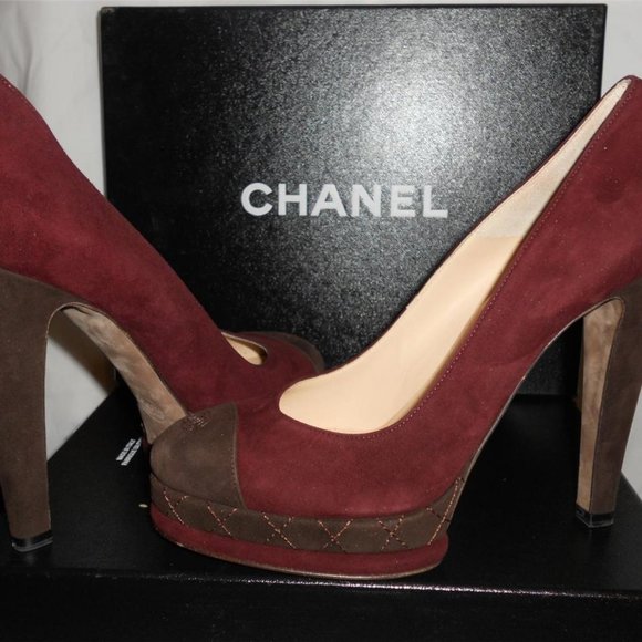CHANEL 12A Two Tone Suede Cap Toe Quilted Platform Pumps Heels Shoes - Picture 8 of 9